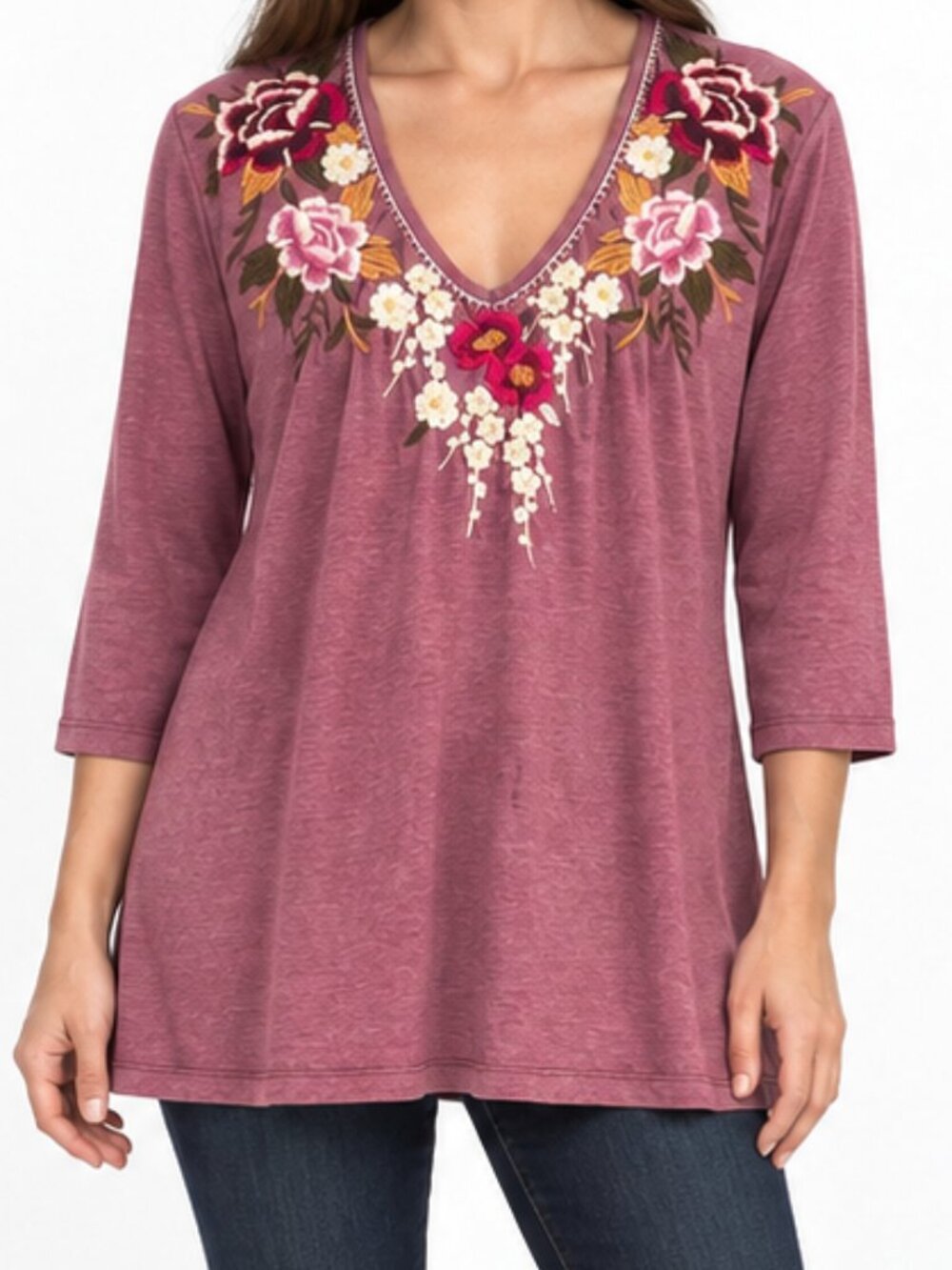 Johnny Was Dusty Rose Floral Embroidered V-Neck Boho Tunic Top Womens Size Large